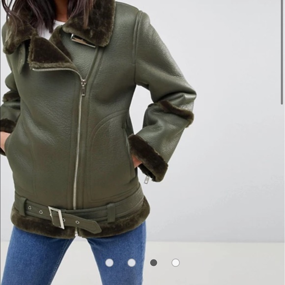 ASOS Faux Fur-Trim Aviator Jacket -Green- LIKE NEW - Picture 3 of 5